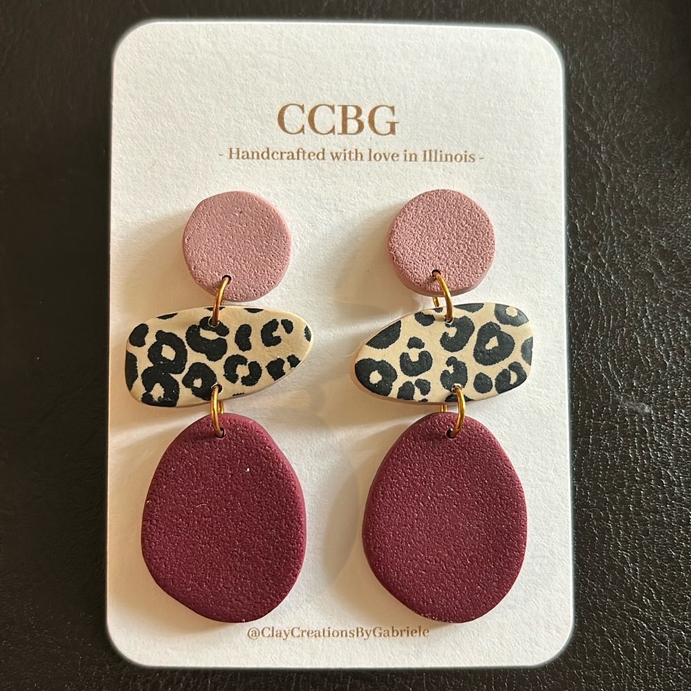 Leopard, pink, maroon dangle earrings